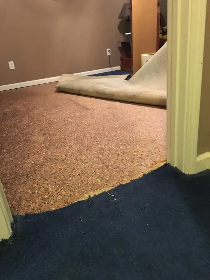 Carpet pad removal revealing water damage during Water Mitigation Services in Fort Myers Beach